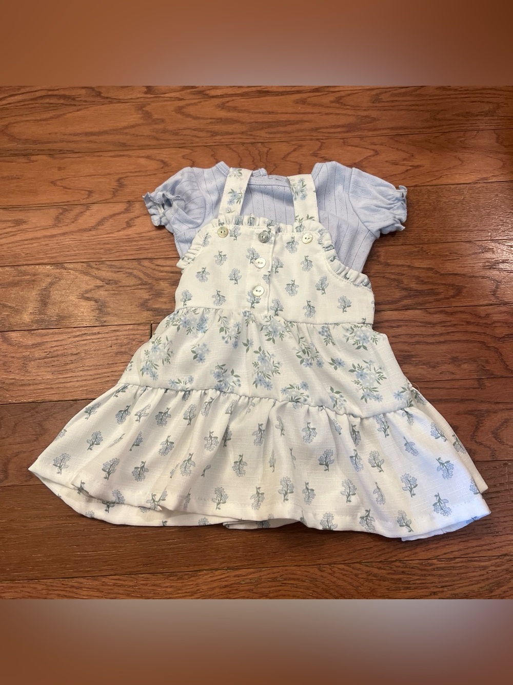 Cream Floral Pinafore Overalls with Light Blue Tee